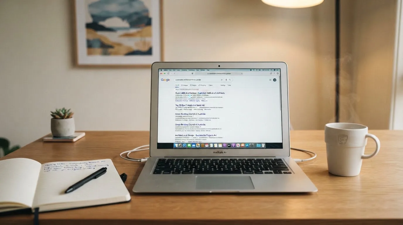A tidy desk with a laptop open on a plain search-results page, a notebook and a coffee cup beside it, no screens showing any casino branding.