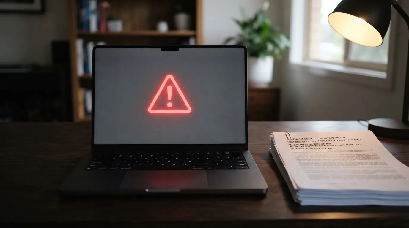 A red triangular warning sign icon on a laptop screen next to a stack of legal papers, symbolising an official caution rather than any specific website.