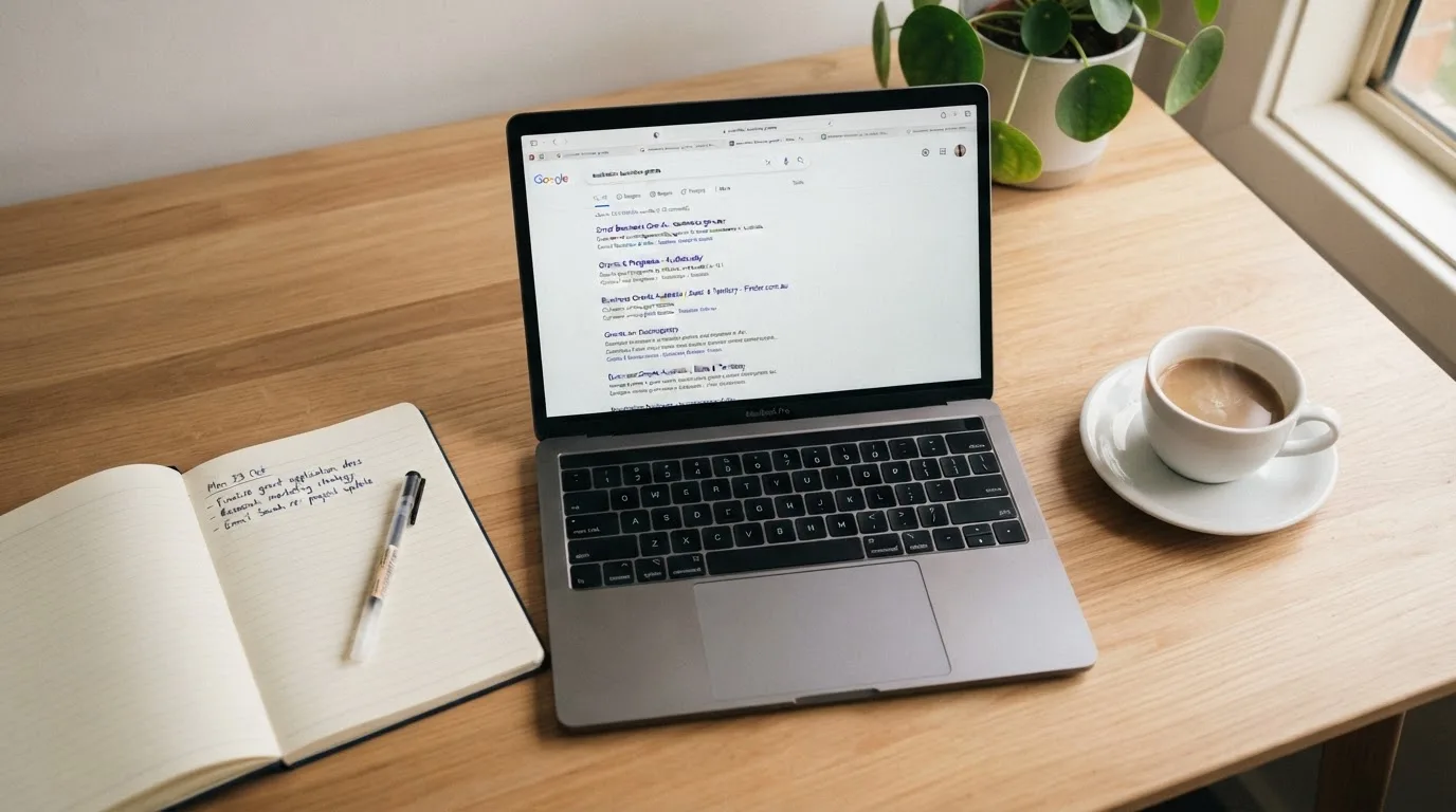 A tidy desk with a laptop open on a plain search-results page, a notebook and a coffee cup beside it, no screens showing any casino branding.