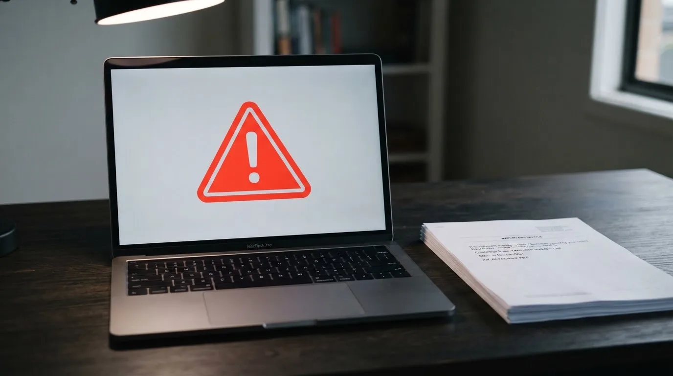 A red triangular warning sign icon on a laptop screen next to a stack of legal papers, symbolising an official caution rather than any specific website.