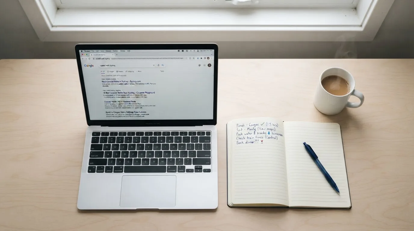 A tidy desk with a laptop open on a plain search-results page, a notebook and a coffee cup beside it, no screens showing any casino branding.
