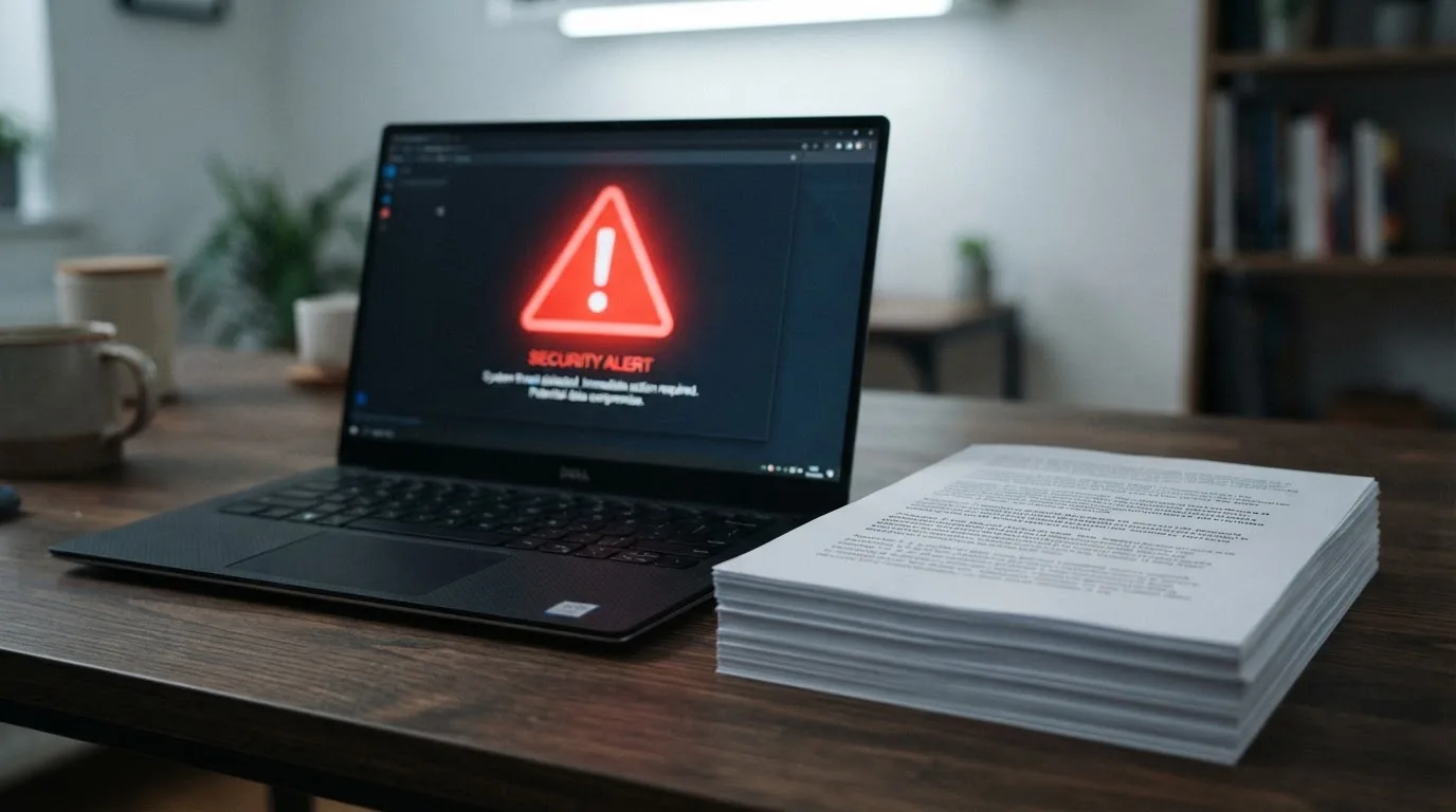 A red triangular warning sign icon on a laptop screen next to a stack of legal papers, symbolising an official caution rather than any specific website.