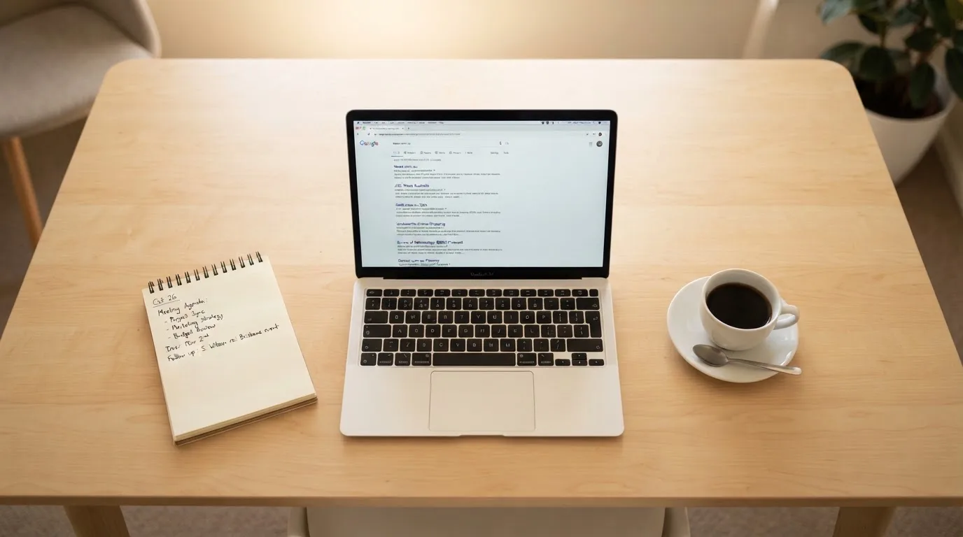 A tidy desk with a laptop open on a plain search-results page, a notebook and a coffee cup beside it, no screens showing any casino branding.