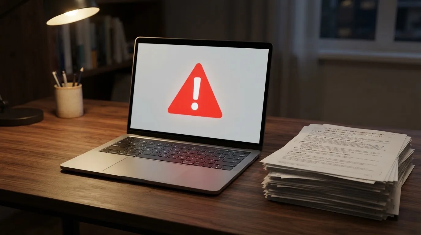 A red triangular warning sign icon on a laptop screen next to a stack of legal papers, symbolising an official caution rather than any specific website.