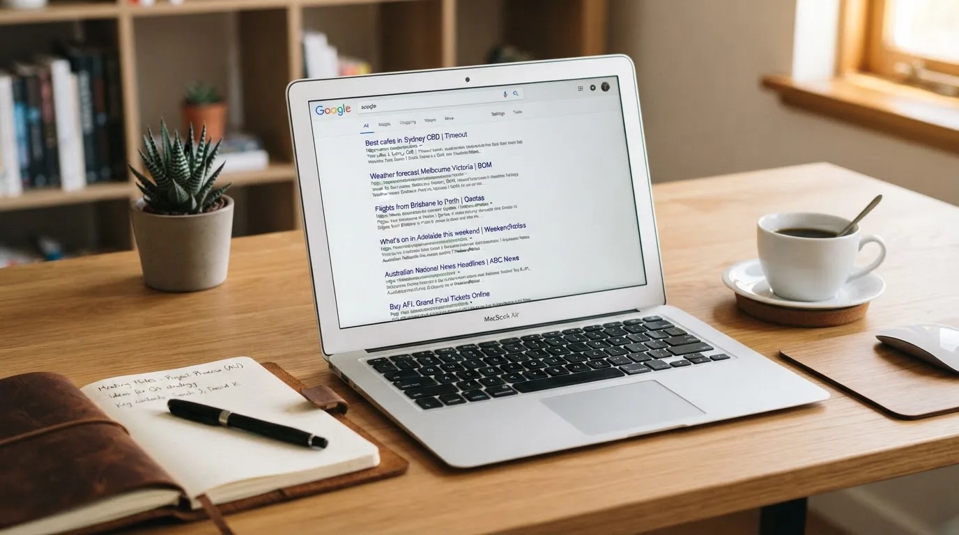 A tidy desk with a laptop open on a plain search-results page, a notebook and a coffee cup beside it, no screens showing any casino branding.
