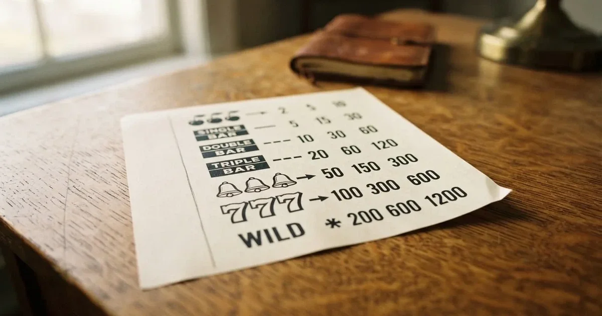 A printed strip of generic slot symbols and payout numbers laid on a desk, like a reference chart rather than a live game.