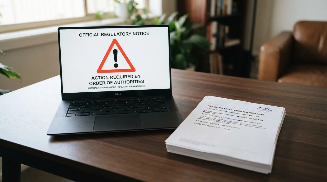 A red triangular warning sign icon on a laptop screen next to a stack of legal papers, symbolising an official caution rather than any specific website.