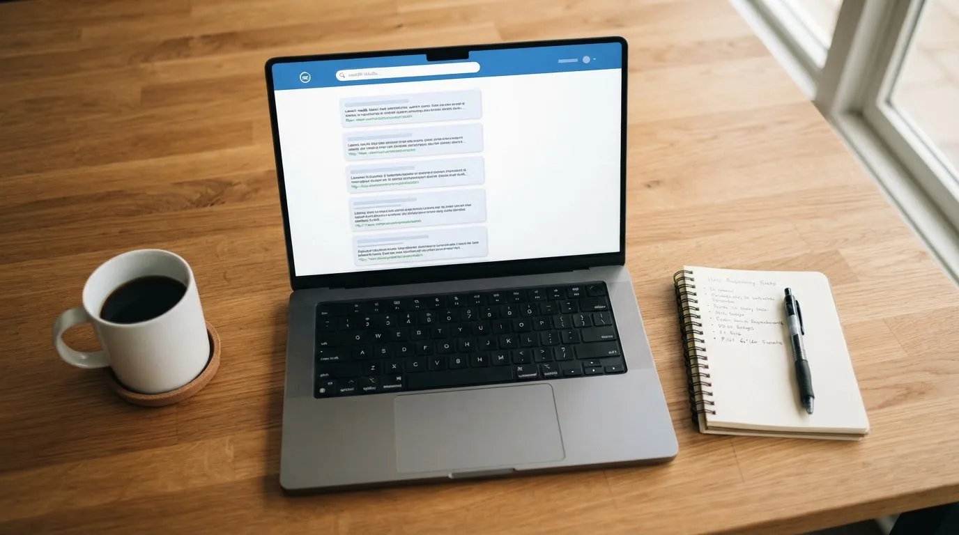 A tidy desk with a laptop open on a plain search-results page, a notebook and a coffee cup beside it, no screens showing any casino branding.
