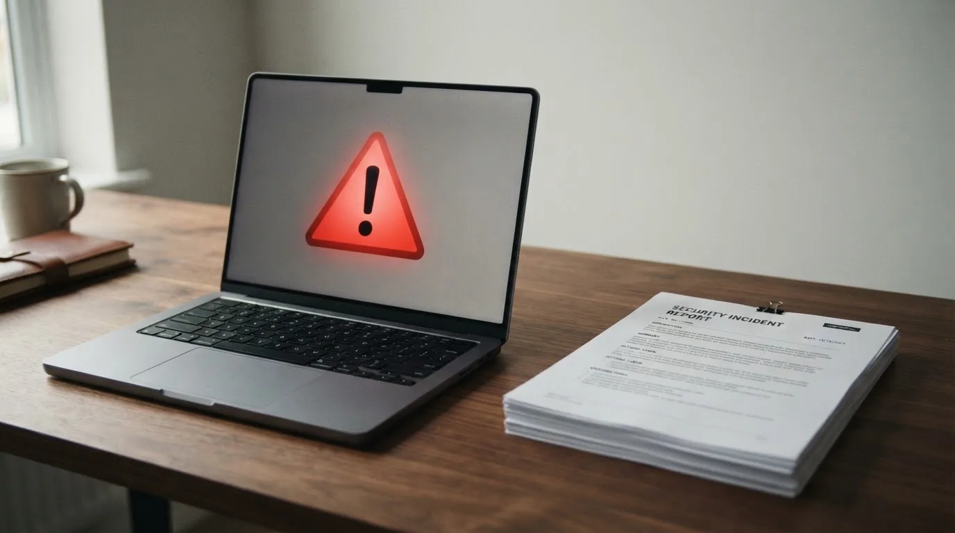 A red triangular warning sign icon on a laptop screen next to a stack of legal papers, symbolising an official caution rather than any specific website.