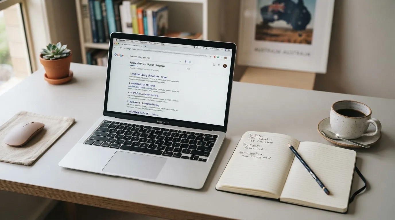 A tidy desk with a laptop open on a plain search-results page, a notebook and a coffee cup beside it, no screens showing any casino branding.