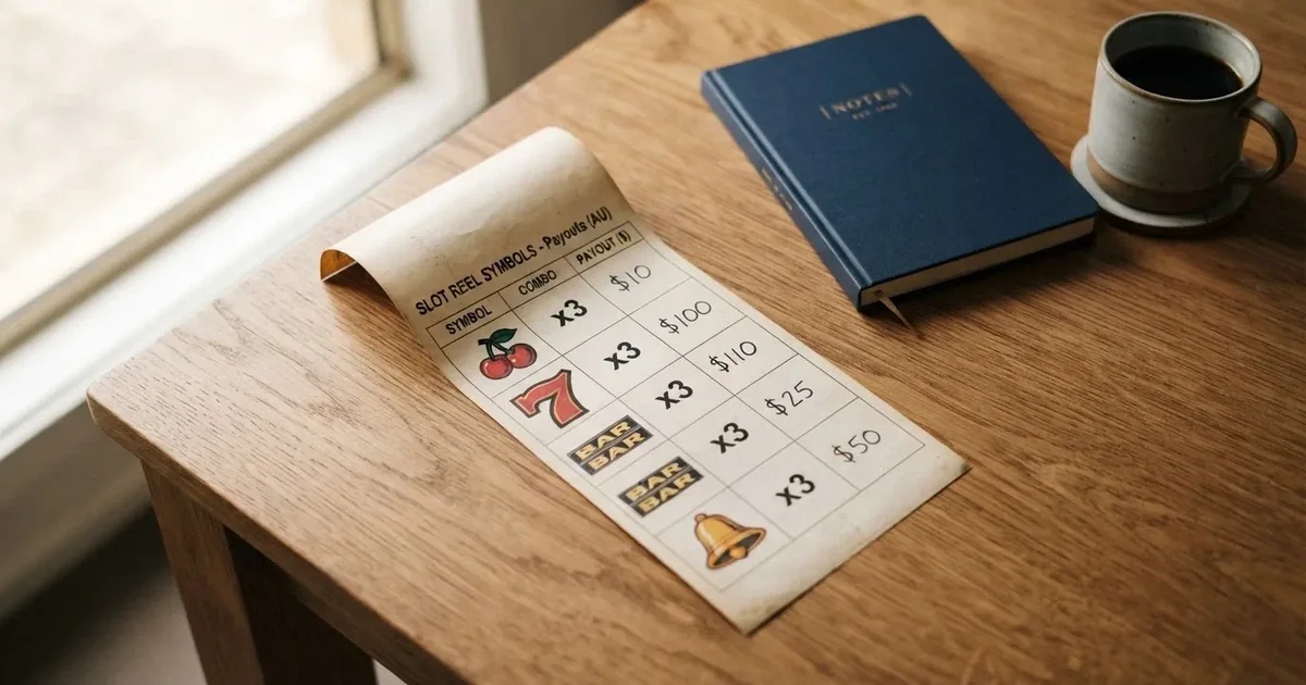 A printed strip of generic slot symbols and payout numbers laid on a desk, like a reference chart rather than a live game.