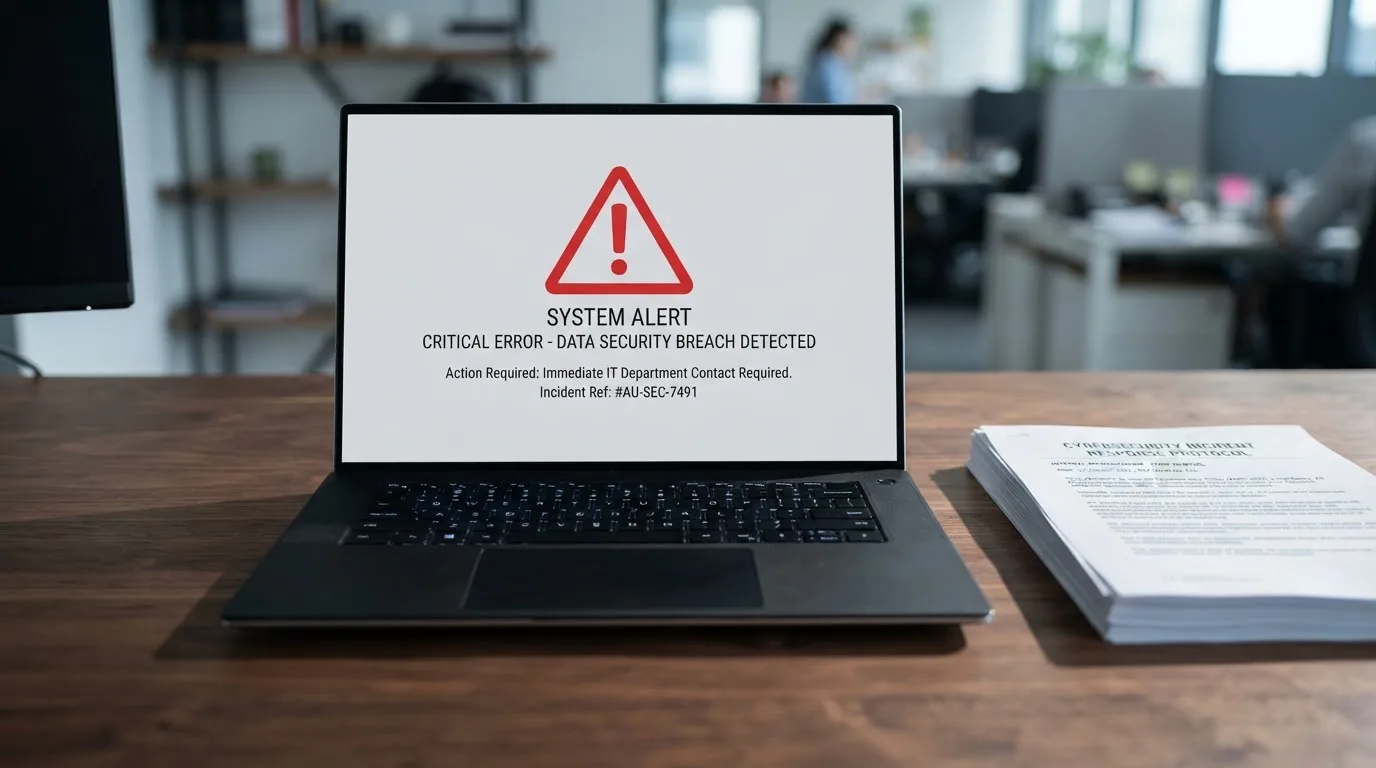 A red triangular warning sign icon on a laptop screen next to a stack of legal papers, symbolising an official caution rather than any specific website.