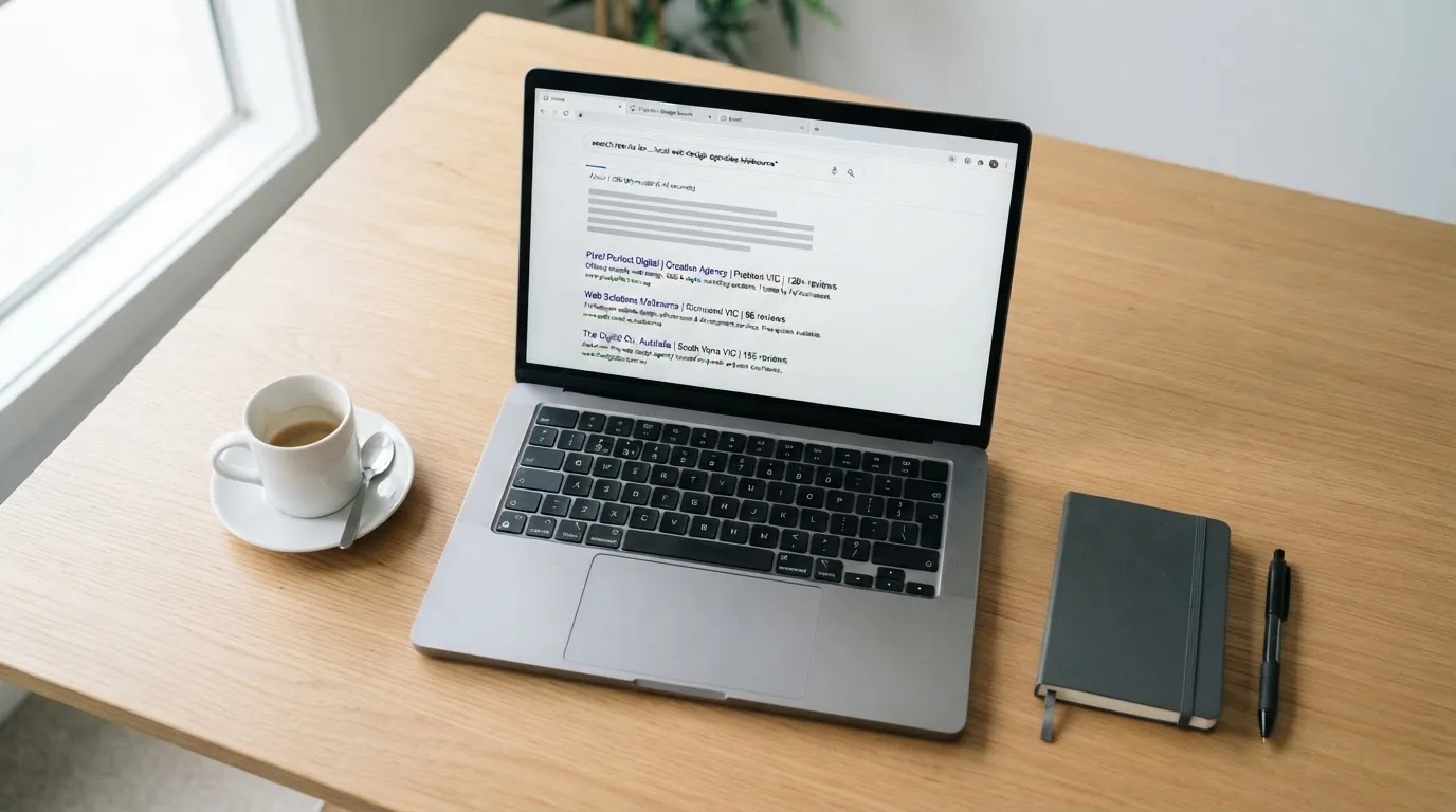 A tidy desk with a laptop open on a plain search-results page, a notebook and a coffee cup beside it, no screens showing any casino branding.