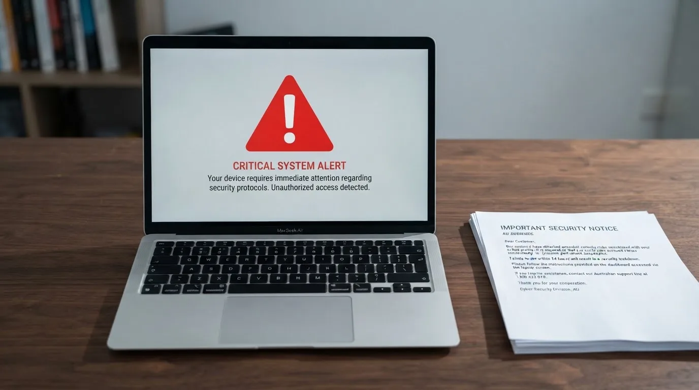 A red triangular warning sign icon on a laptop screen next to a stack of legal papers, symbolising an official caution rather than any specific website.
