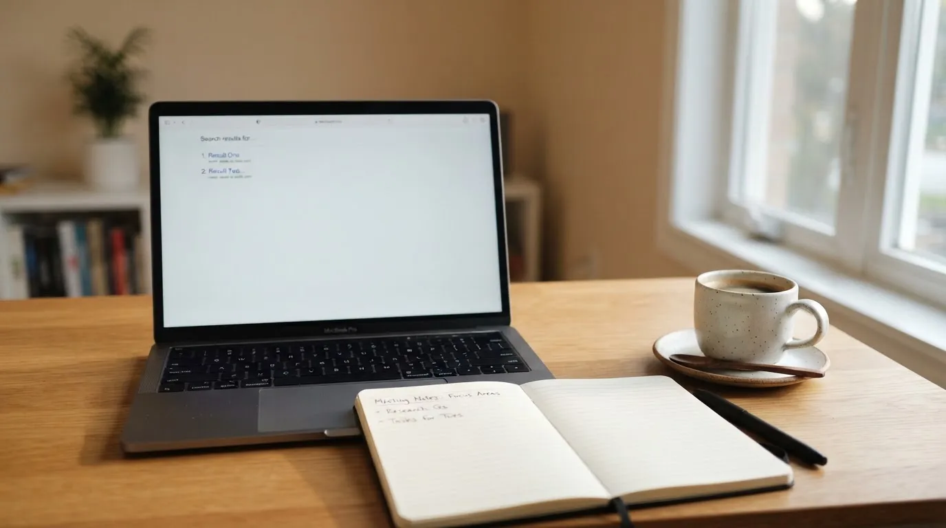 A tidy desk with a laptop open on a plain search-results page, a notebook and a coffee cup beside it, no screens showing any casino branding.