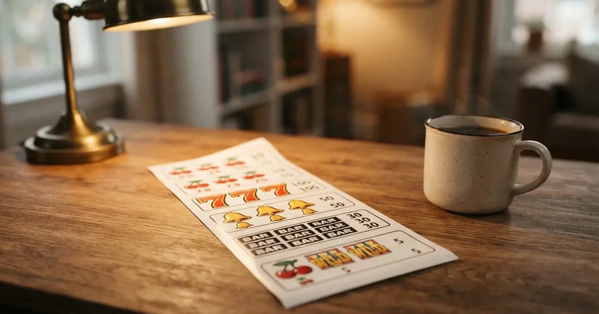 A printed strip of generic slot symbols and payout numbers laid on a desk, like a reference chart rather than a live game.
