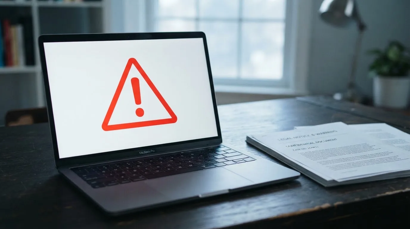 A red triangular warning sign icon on a laptop screen next to a stack of legal papers, symbolising an official caution rather than any specific website.