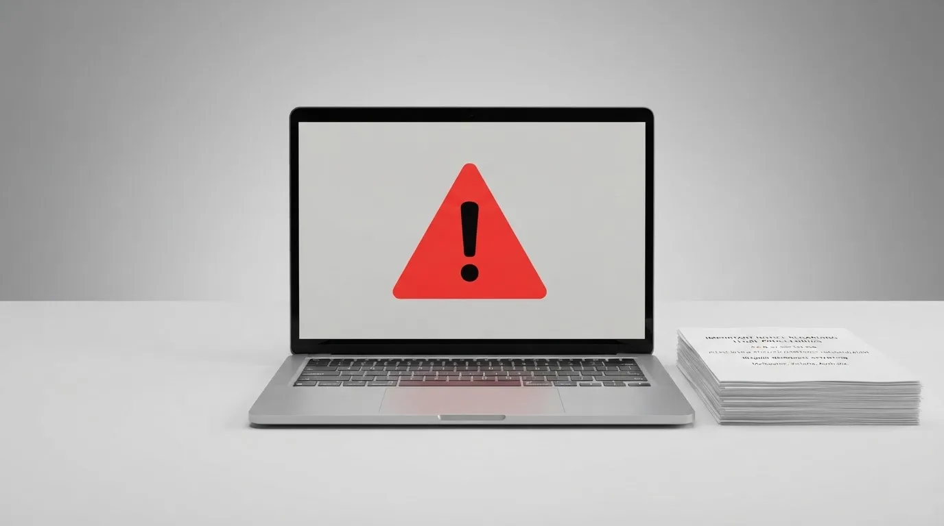 A red triangular warning sign icon on a laptop screen next to a stack of legal papers, symbolising an official caution rather than any specific website.