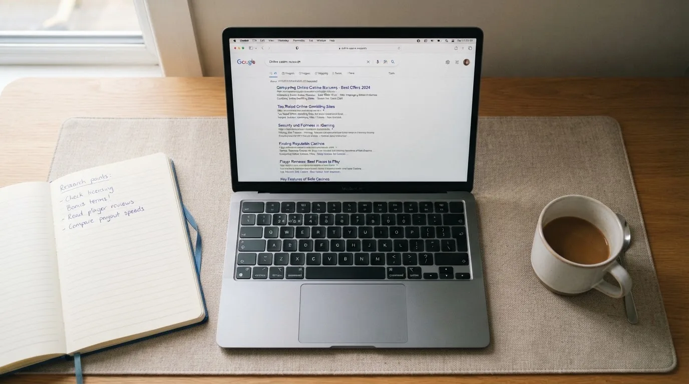 A tidy desk with a laptop open on a plain search-results page, a notebook and a coffee cup beside it, no screens showing any casino branding.