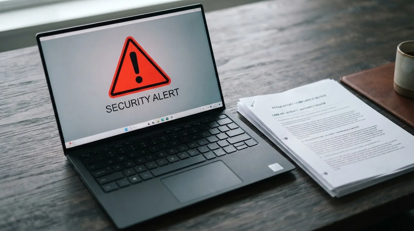 A red triangular warning sign icon on a laptop screen next to a stack of legal papers, symbolising an official caution rather than any specific website.
