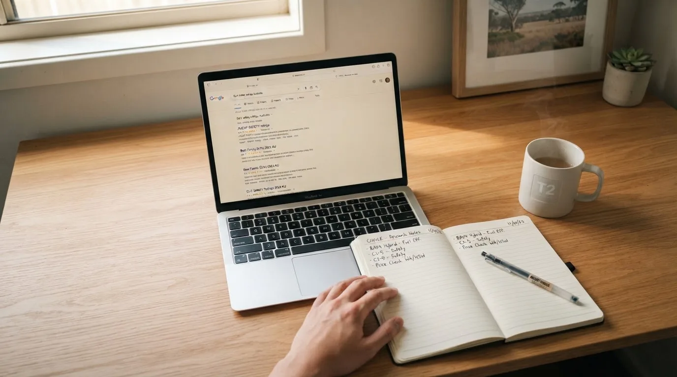 A tidy desk with a laptop open on a plain search-results page, a notebook and a coffee cup beside it, no screens showing any casino branding.