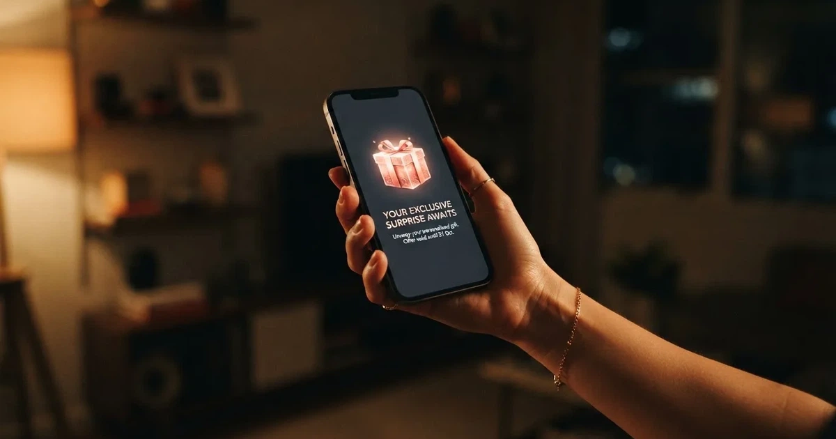 A gift box icon glowing on a phone screen, held at arm's length, suggesting an unopened offer rather than an active game.