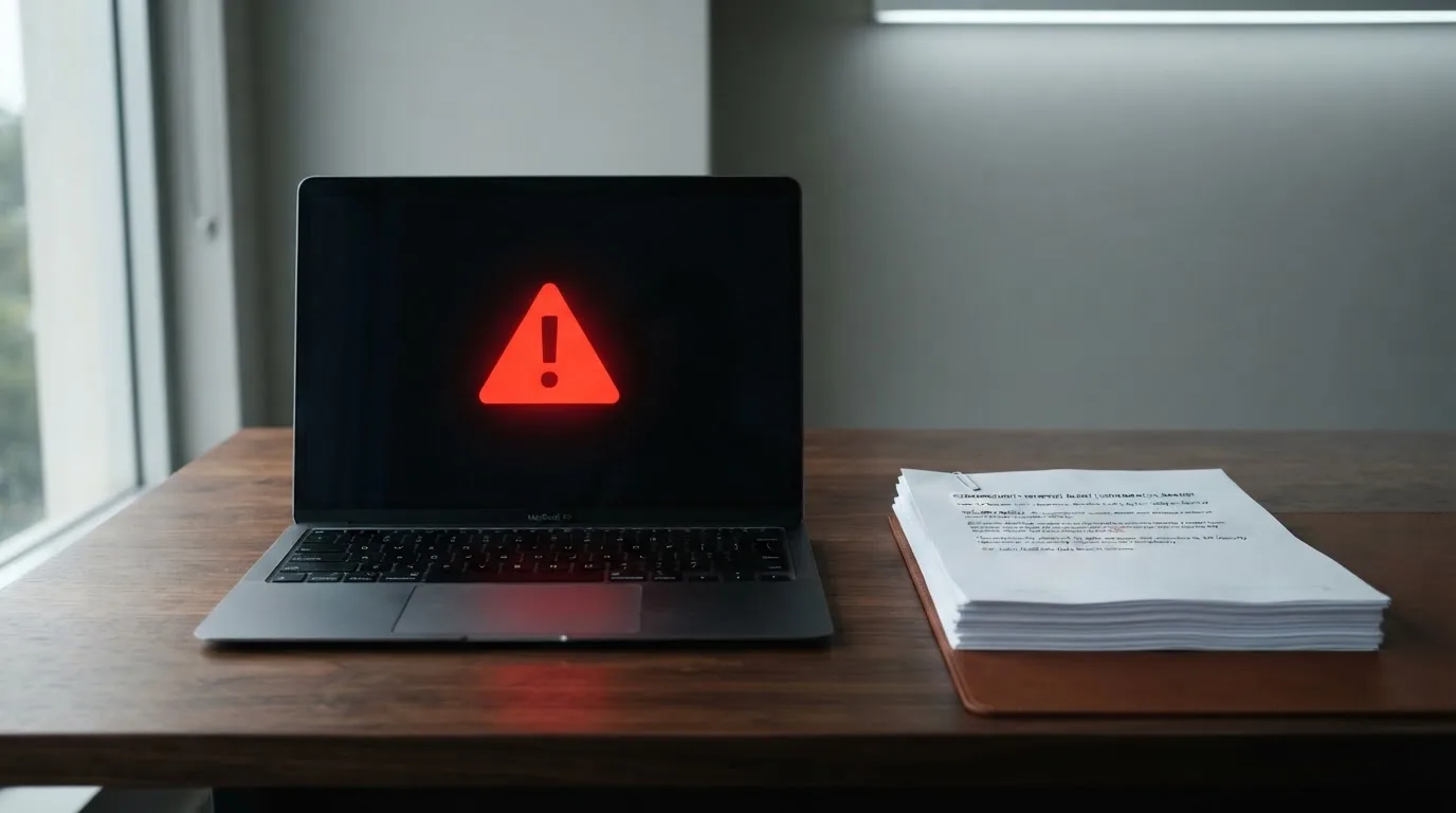 A red triangular warning sign icon on a laptop screen next to a stack of legal papers, symbolising an official caution rather than any specific website.