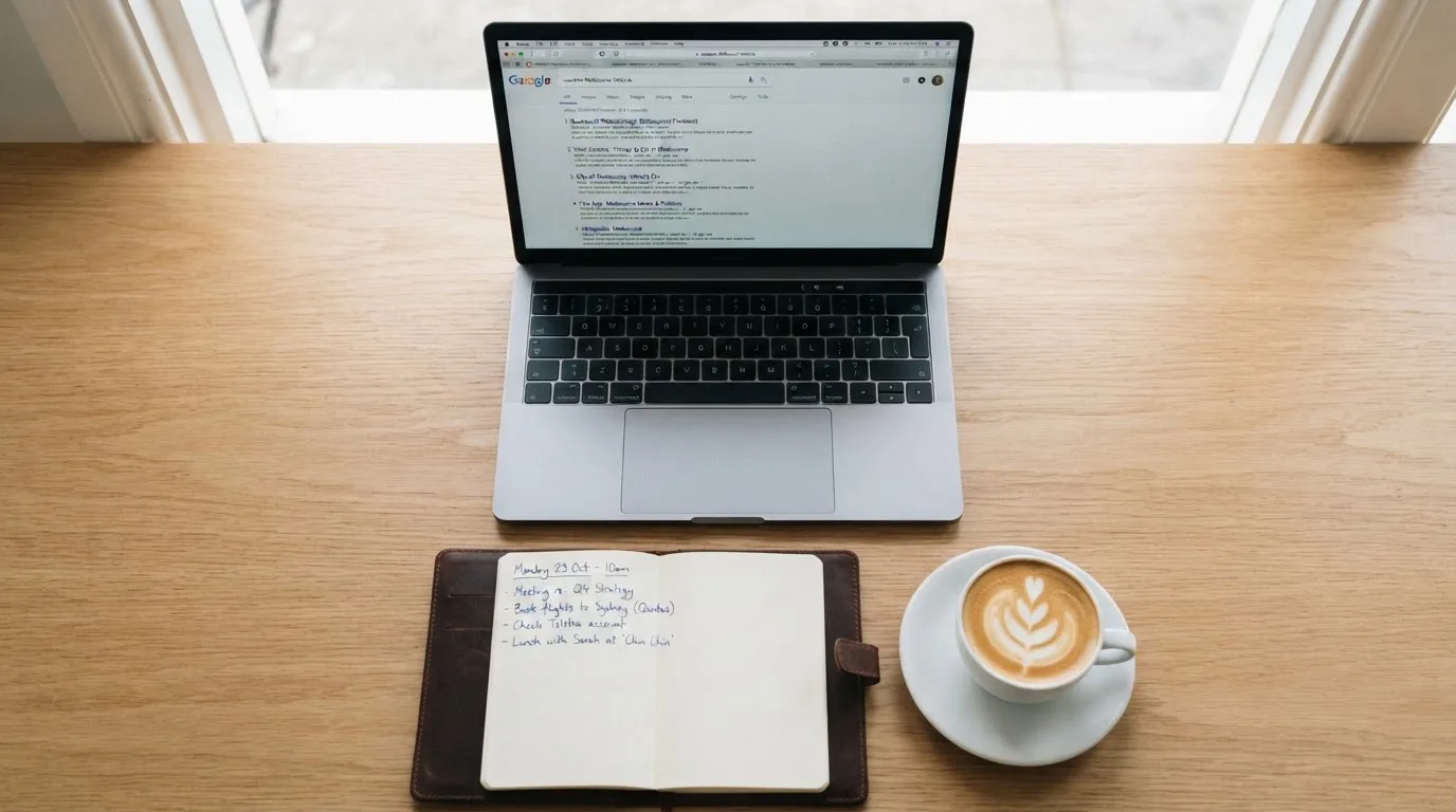 A tidy desk with a laptop open on a plain search-results page, a notebook and a coffee cup beside it, no screens showing any casino branding.