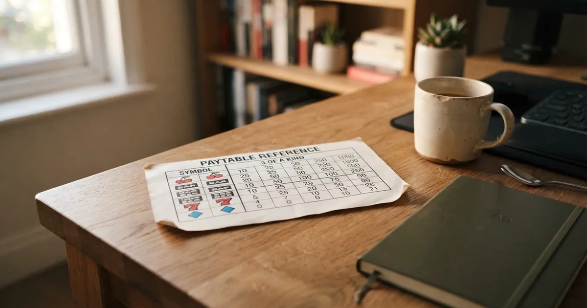 A printed strip of generic slot symbols and payout numbers laid on a desk, like a reference chart rather than a live game.