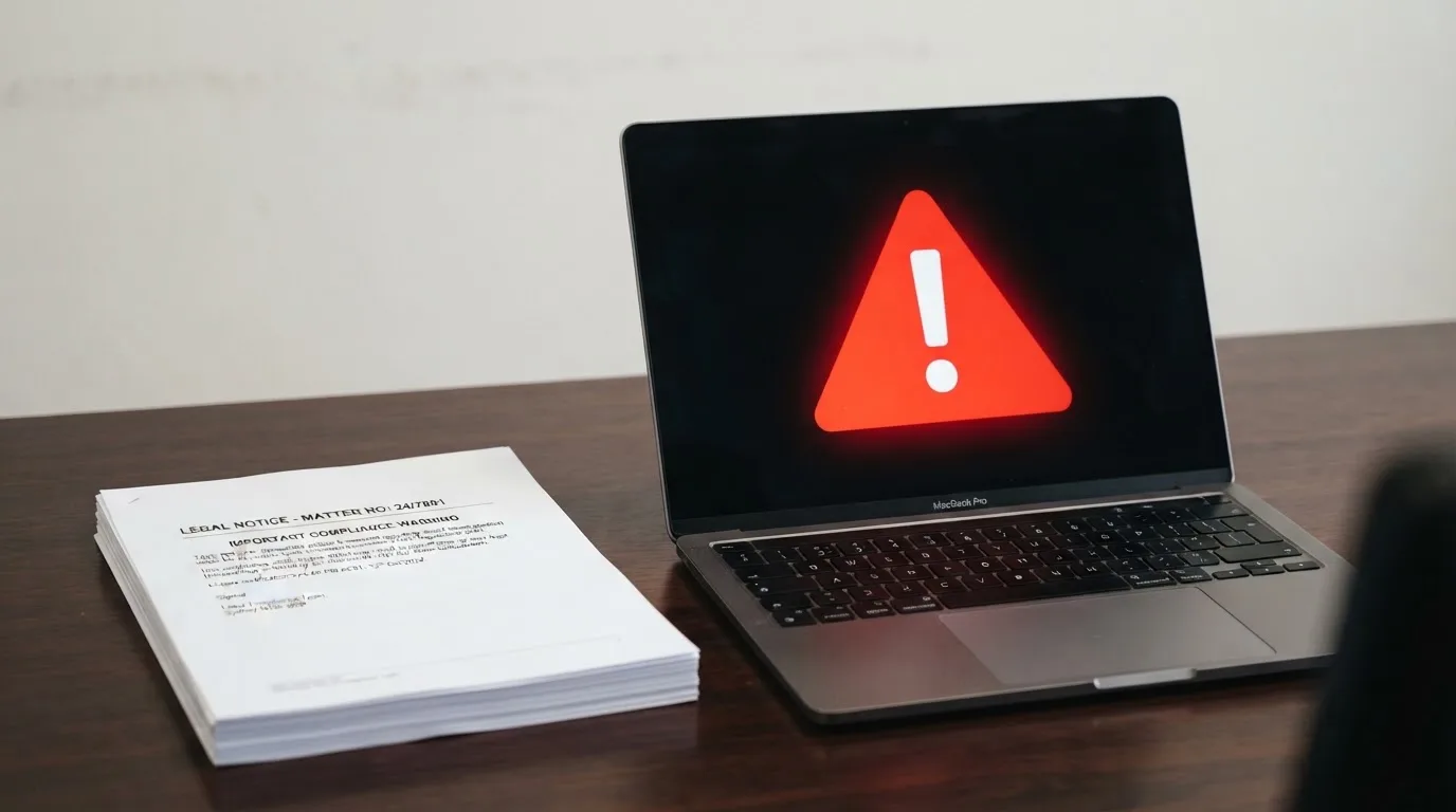 A red triangular warning sign icon on a laptop screen next to a stack of legal papers, symbolising an official caution rather than any specific website.
