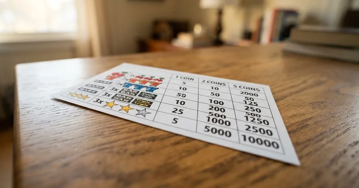 A printed strip of generic slot symbols and payout numbers laid on a desk, like a reference chart rather than a live game.
