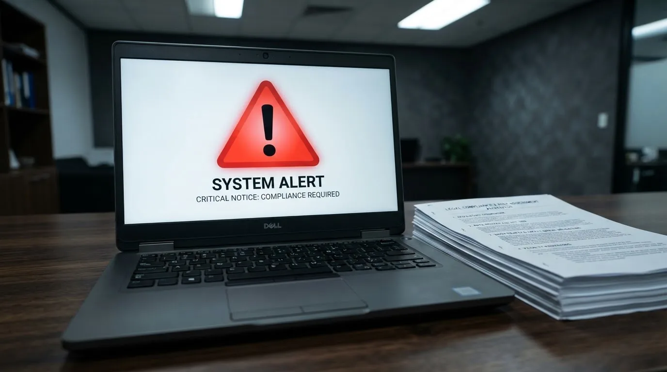 A red triangular warning sign icon on a laptop screen next to a stack of legal papers, symbolising an official caution rather than any specific website.