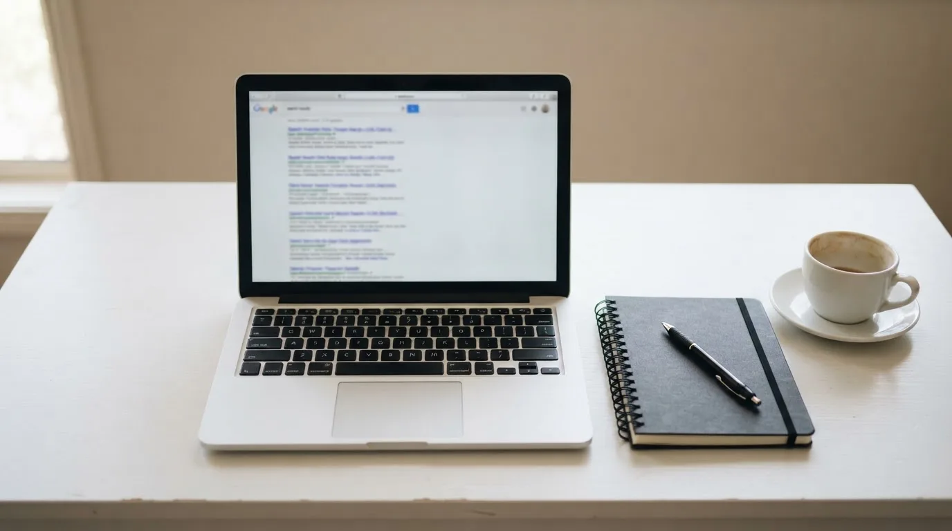 A tidy desk with a laptop open on a plain search-results page, a notebook and a coffee cup beside it, no screens showing any casino branding.