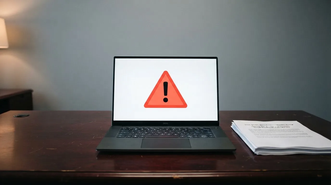A red triangular warning sign icon on a laptop screen next to a stack of legal papers, symbolising an official caution rather than any specific website.
