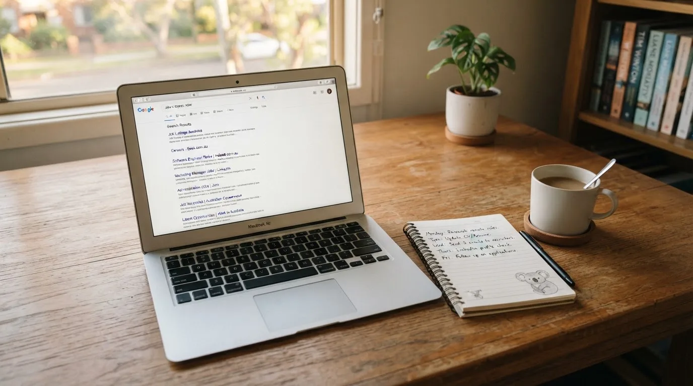 A tidy desk with a laptop open on a plain search-results page, a notebook and a coffee cup beside it, no screens showing any casino branding.