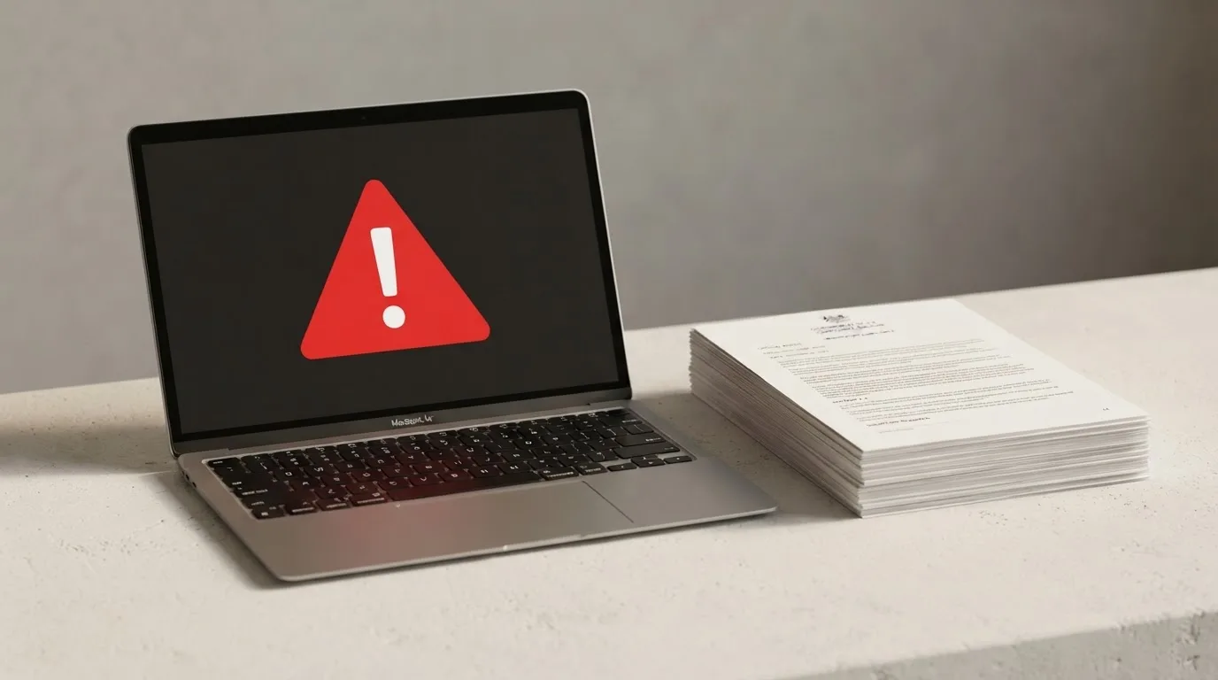 A red triangular warning sign icon on a laptop screen next to a stack of legal papers, symbolising an official caution rather than any specific website.