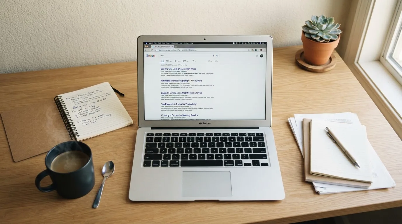 A tidy desk with a laptop open on a plain search-results page, a notebook and a coffee cup beside it, no screens showing any casino branding.