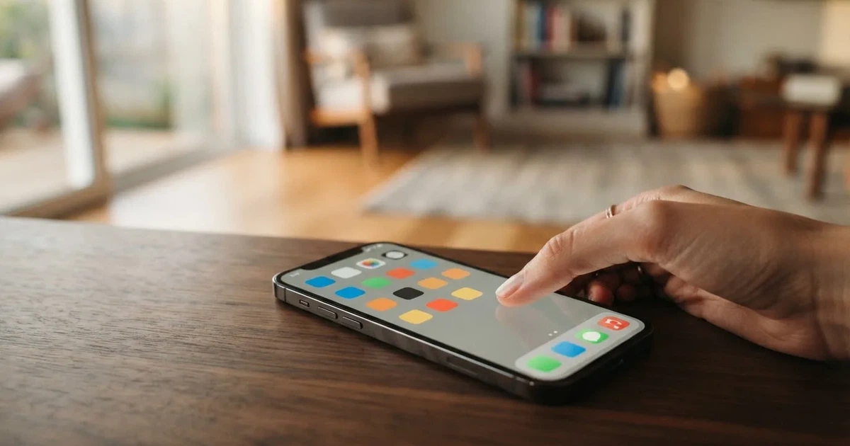 A hand tapping a smartphone screen showing generic app icons, none of them branded.