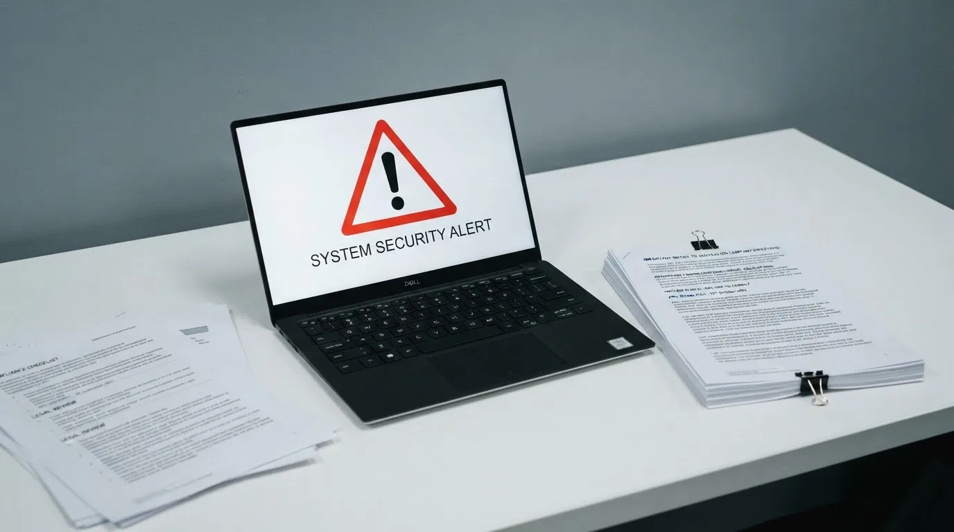 A red triangular warning sign icon on a laptop screen next to a stack of legal papers, symbolising an official caution rather than any specific website.