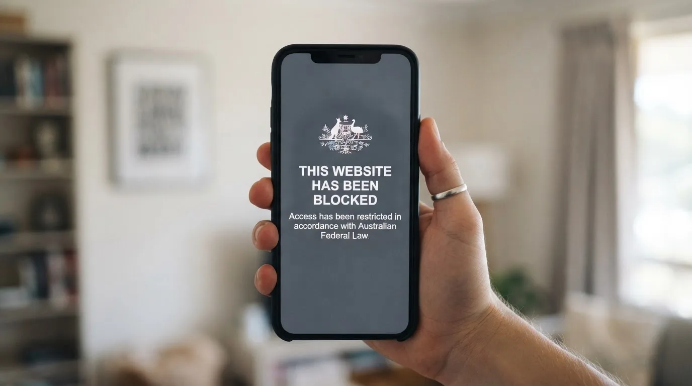 A smartphone screen showing a plain government warning notice about a blocked website, held against a blurred background.