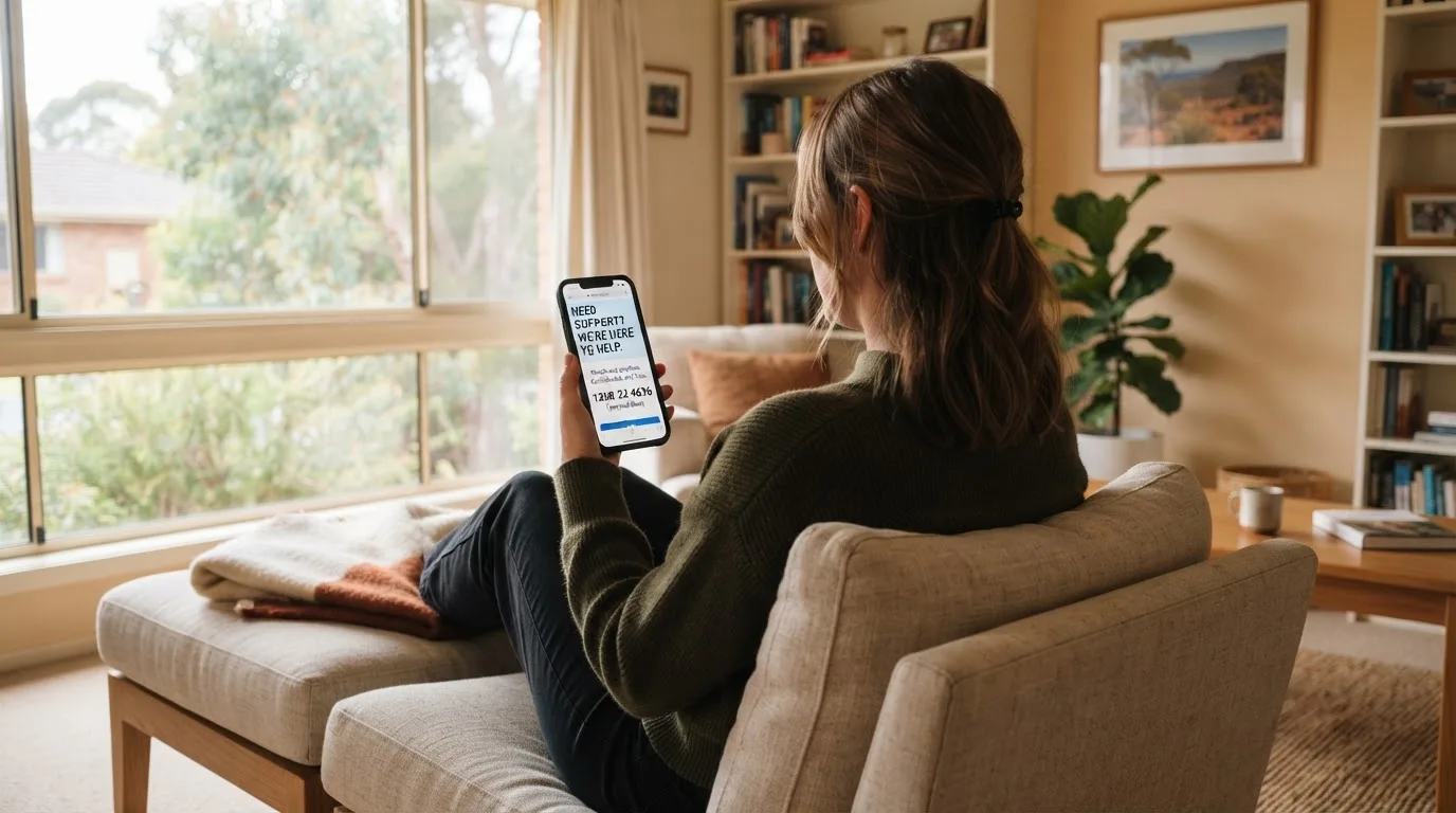 A person sitting calmly with a phone open to a support helpline page, no gaming screen visible.