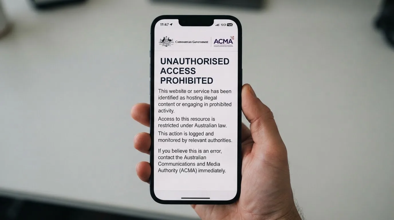 A smartphone screen showing a plain government warning notice about a blocked website, held against a blurred background.