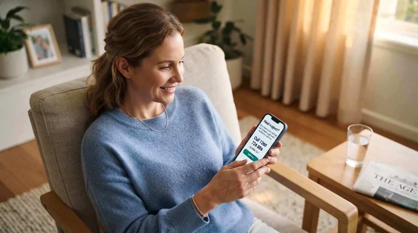 A person sitting calmly with a phone open to a support helpline page, no gaming screen visible.
