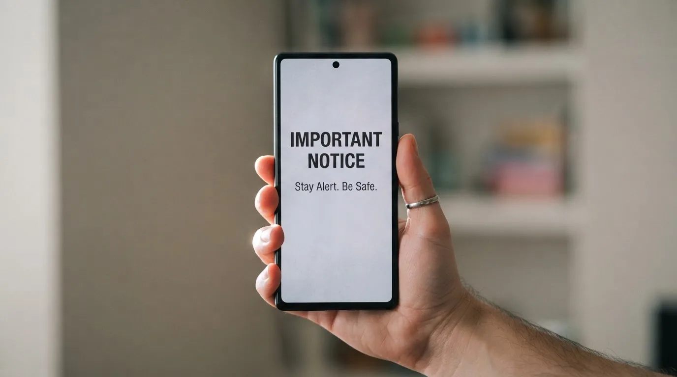 A smartphone screen showing a plain government warning notice about a blocked website, held against a blurred background.