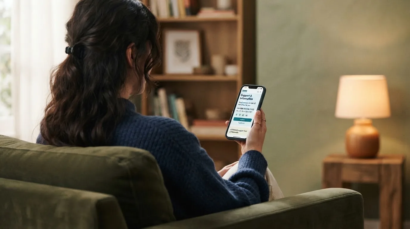 A person sitting calmly with a phone open to a support helpline page, no gaming screen visible.