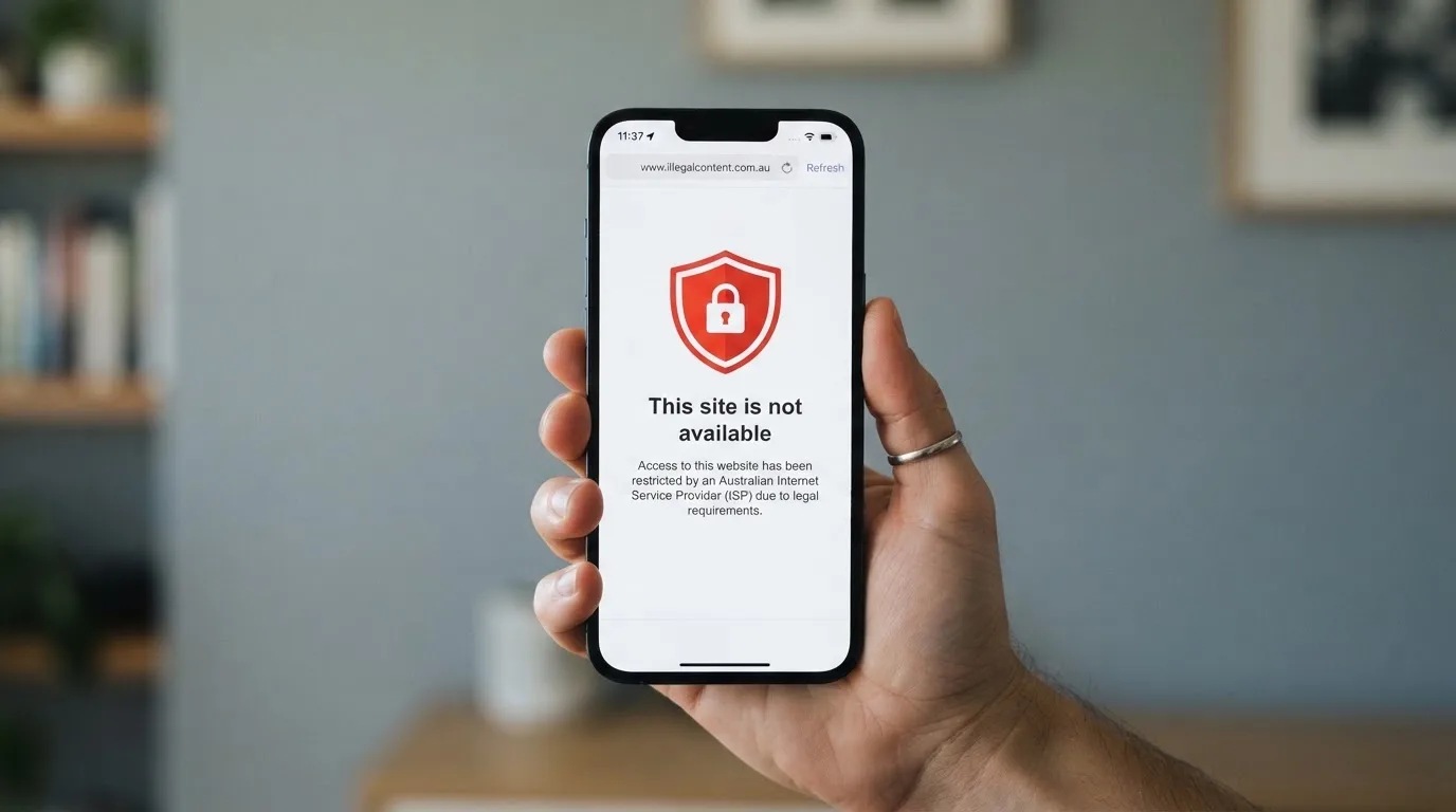 A smartphone screen showing a plain government warning notice about a blocked website, held against a blurred background.