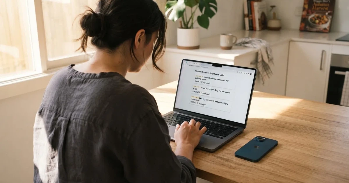 A person at a kitchen table scrolling through review pages on a laptop, phone face-down beside them.