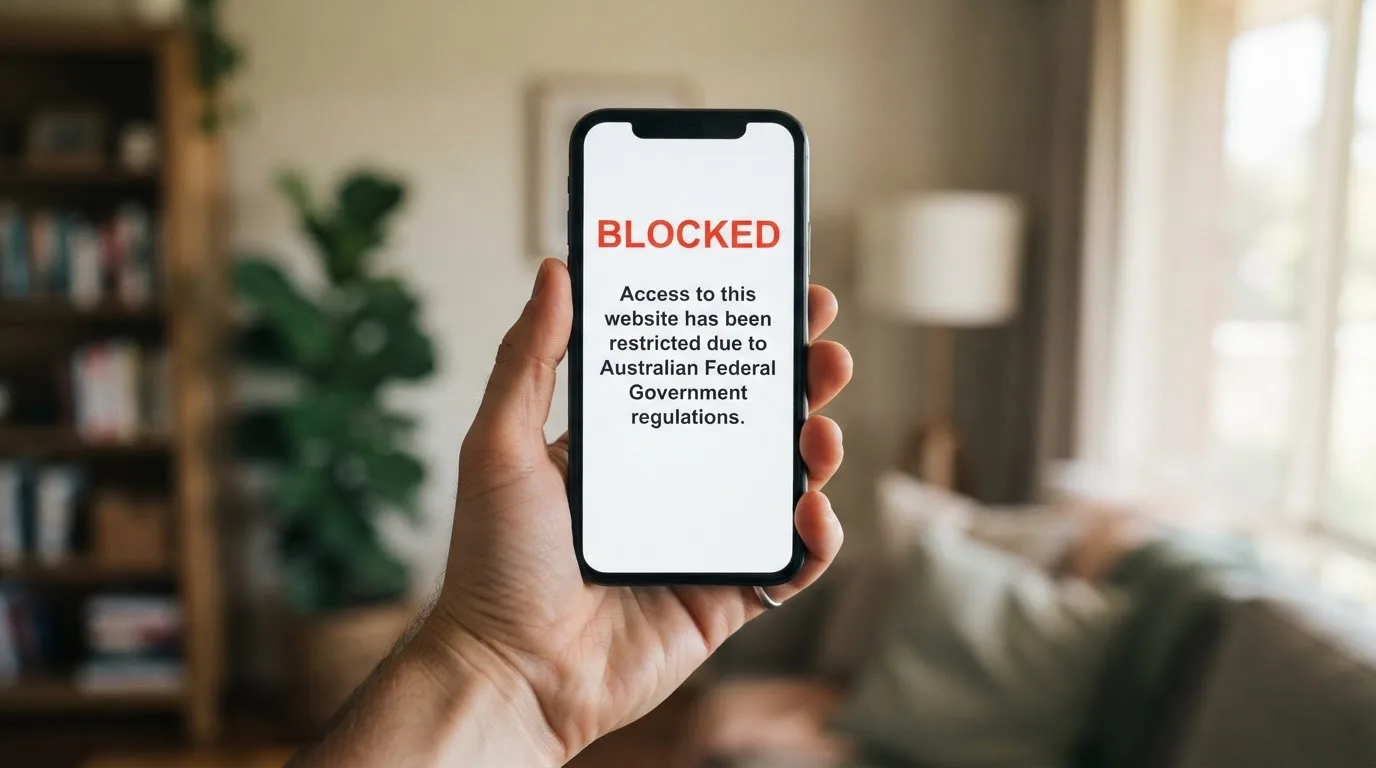 A smartphone screen showing a plain government warning notice about a blocked website, held against a blurred background.