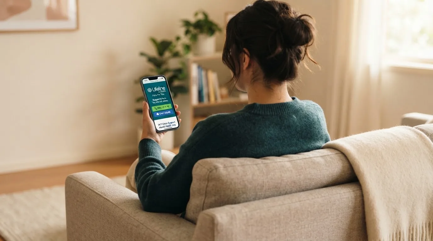 A person sitting calmly with a phone open to a support helpline page, no gaming screen visible.