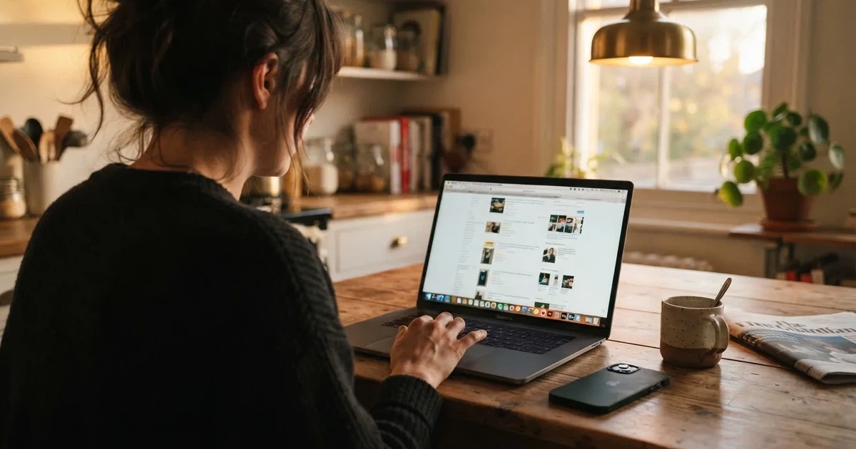 A person at a kitchen table scrolling through review pages on a laptop, phone face-down beside them.